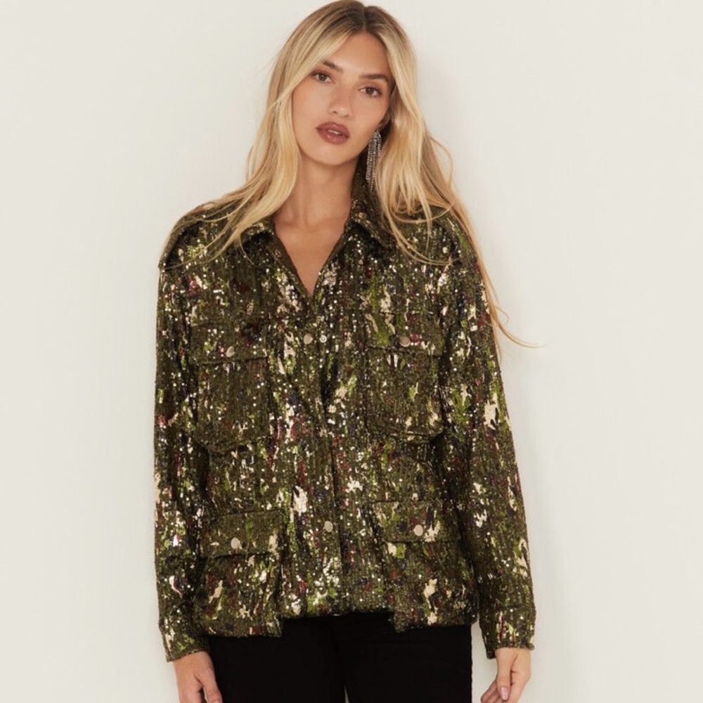 Miss Me Sequin Utility Jacket - Green and Black